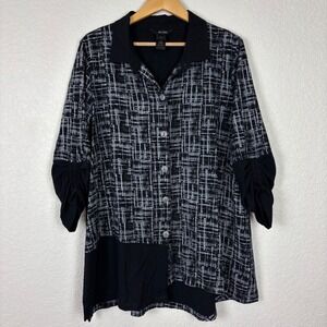 Ali Miles Black White Grid Print Button Front Tunic Top Sz Large Arsty Lagenlook